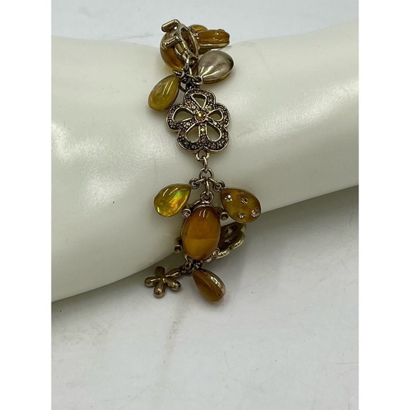 Monet Signed Yellow Cabochons & Antiqued Gold Tone Dangle Pave Toggle Bracelet - Picture 13 of 15